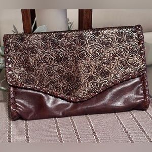 Twentyone | EUC Brown Boho Faux Leather Envelope Clutch Metallic Floral Accent